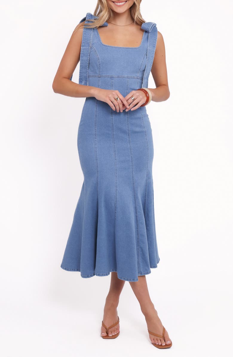 Petal & Pup Eugenia Tie Strap Denim Midi Dress, Main, color, Indigo Denim