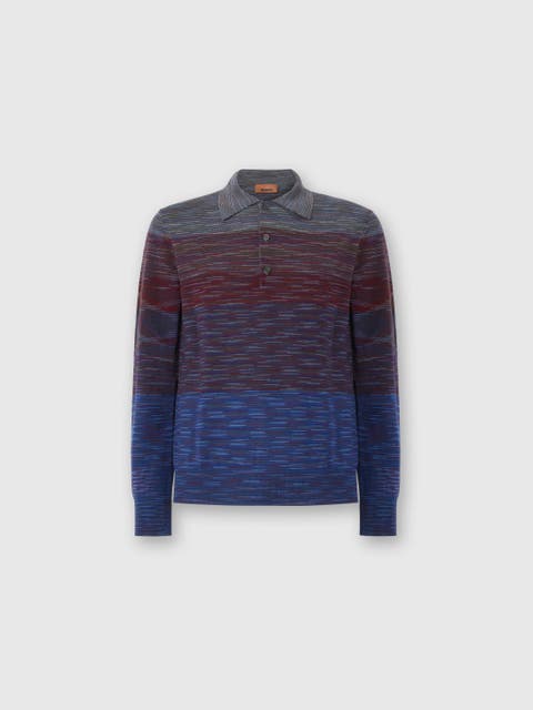 Long Sleeve Polo In Pure Wool With Flame Pattern