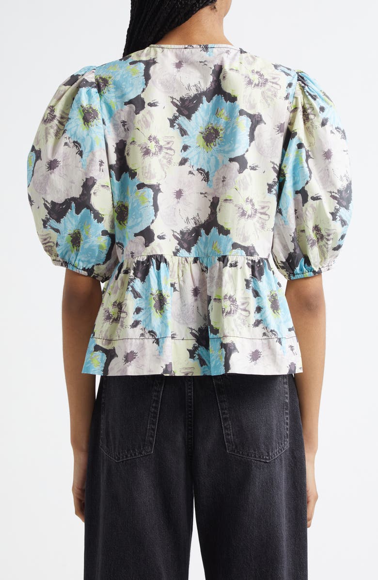 Ganni Print Puff Sleeve Peplum Organic Cotton Top, Alternate, color, White Multicolor