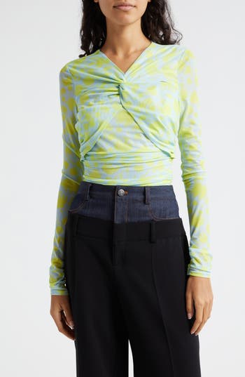 Cinq À Sept Aniya Floral Mesh Top In Serene Sky/fresh Lime