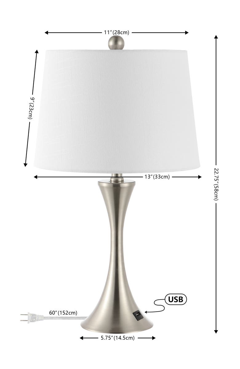 JONATHAN Y Bennett Modern Glam Iron Hourglass LED Table Lamp with USB Charging Port, Main, color, Nickel