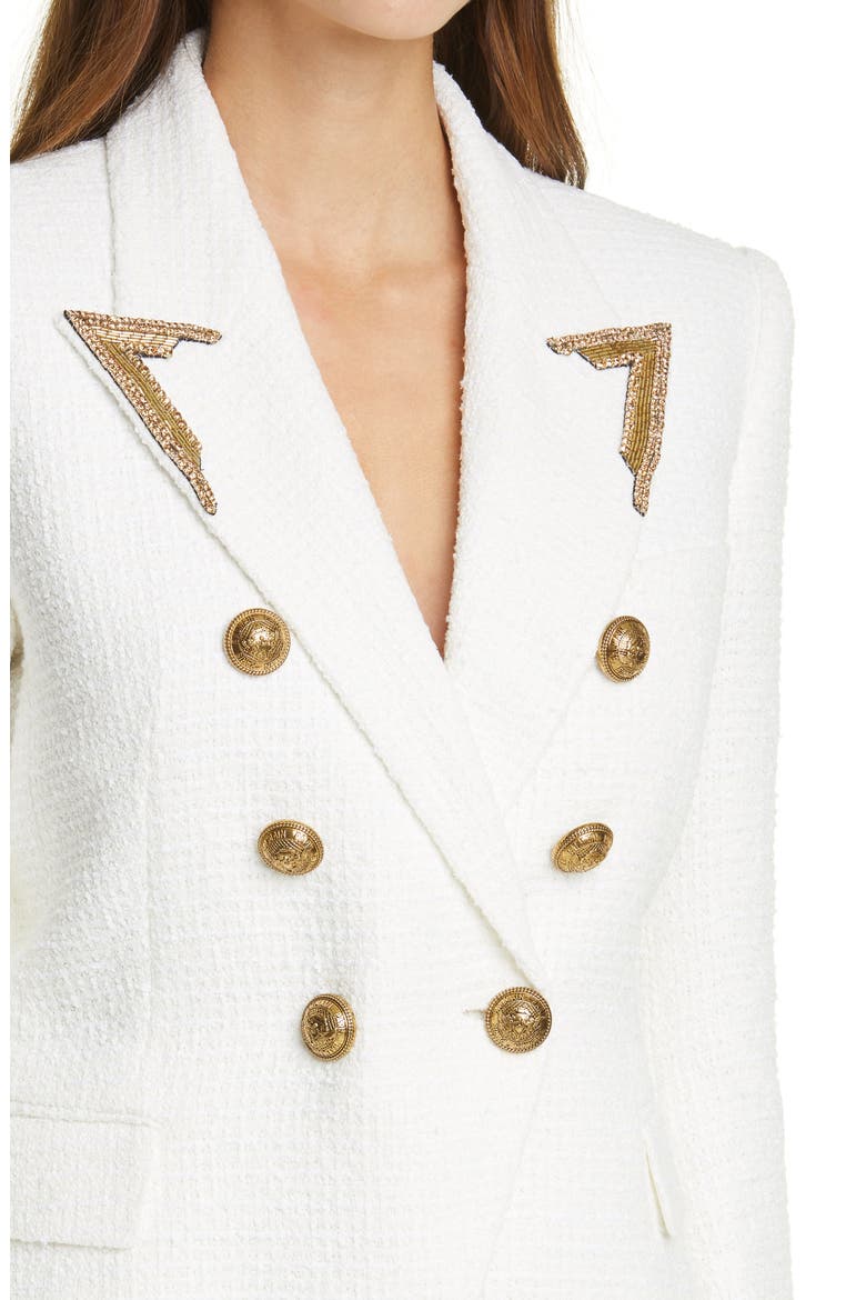 Embellished Lapel Double Breasted Tweed Blazer, Alternate, color, BLANC