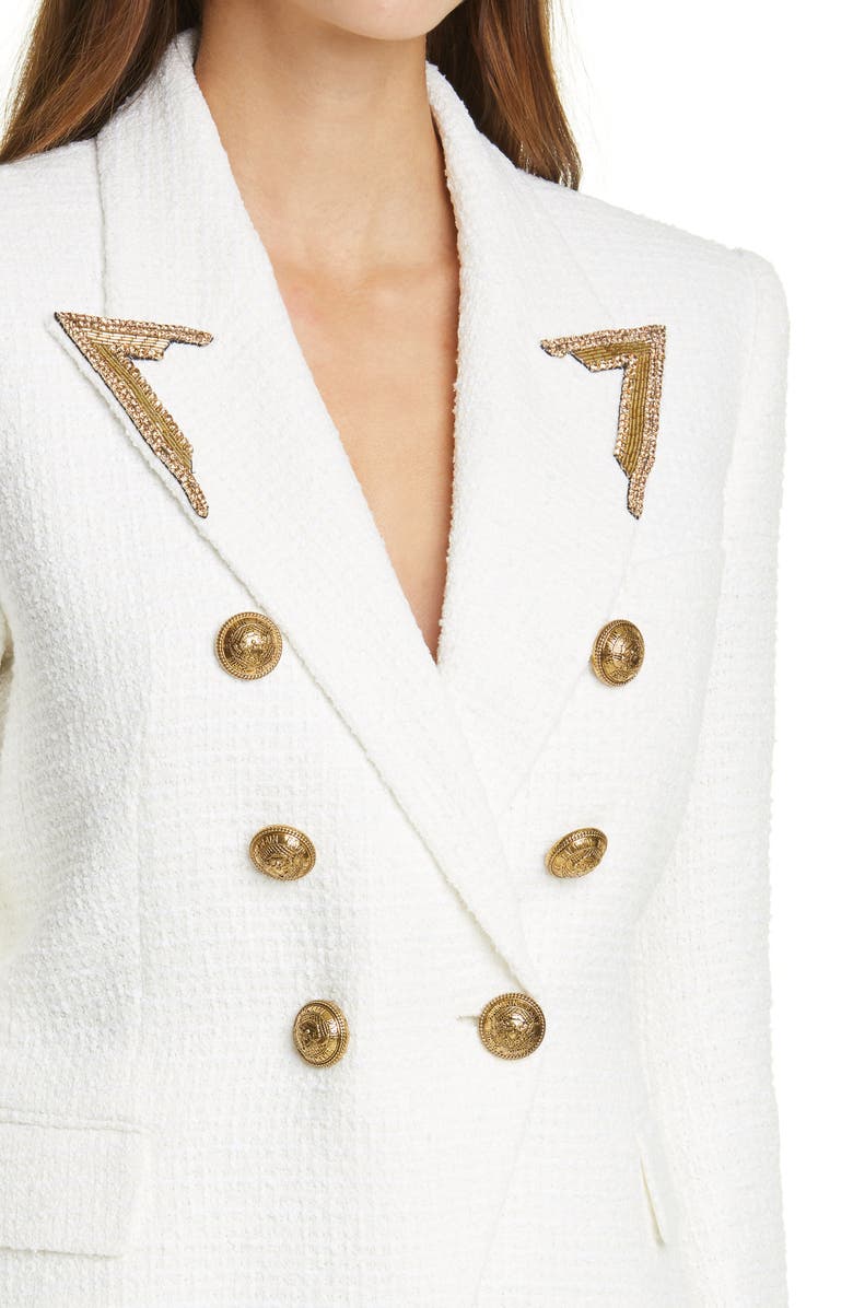 Balmain Embellished Lapel Double Breasted Tweed Blazer, Alternate, color, 