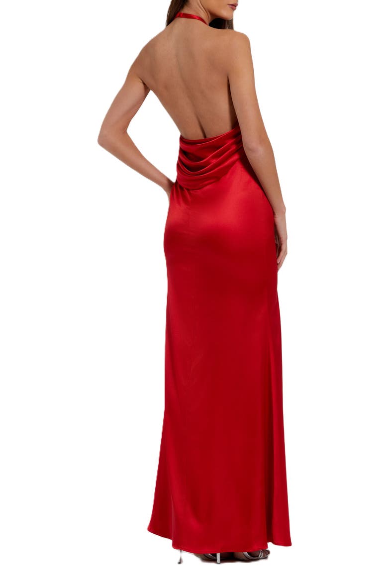 Fitted Satin Sleeveless Halter Gown With 3D Flower, Alternate, color, Red
