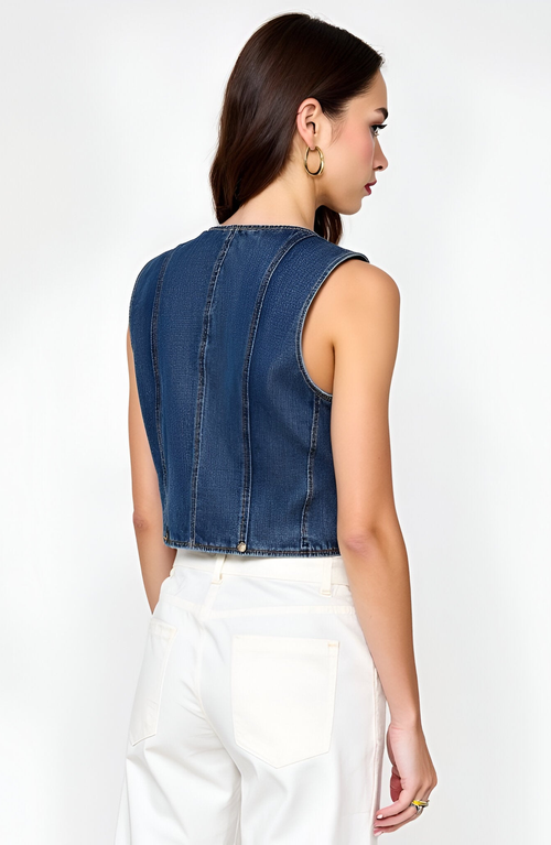 Modenaire Denim Vest With Front Buttons And Angled Hem Detail In Blue