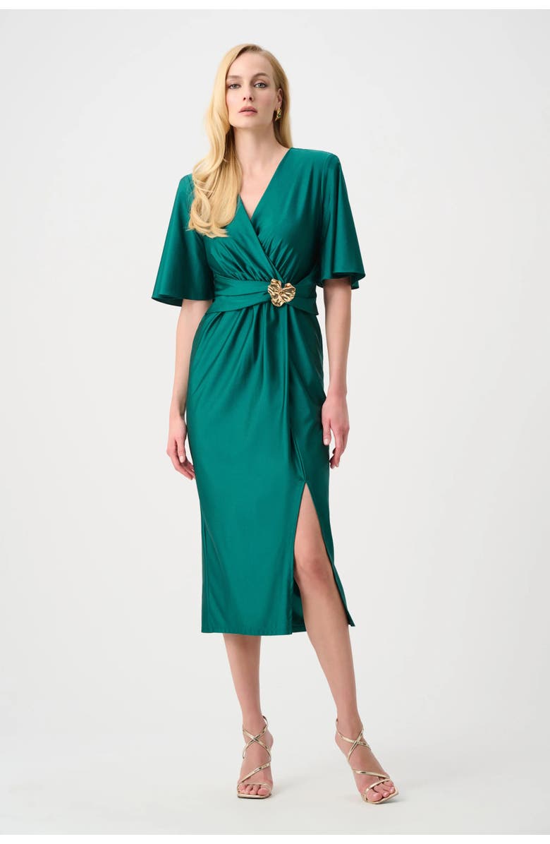 Joseph Ribkoff Satin Knit Wrap Dress With Ruched Waistband, Main, color, Opulent Green