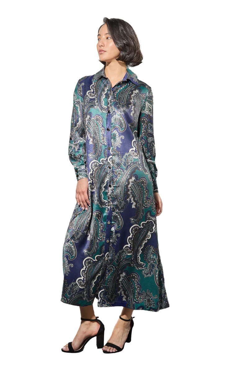 Ming Wang Paisley Print Tie Belt Long Sleeve Charmeuse Midi Shirtdress, Alternate, color, 