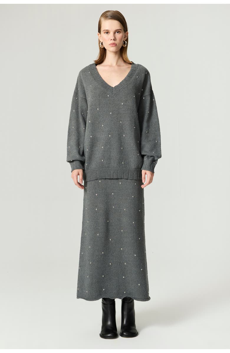 Nocturne Embellished V-Neck Knit Sweater, Alternate, color, Anthracite