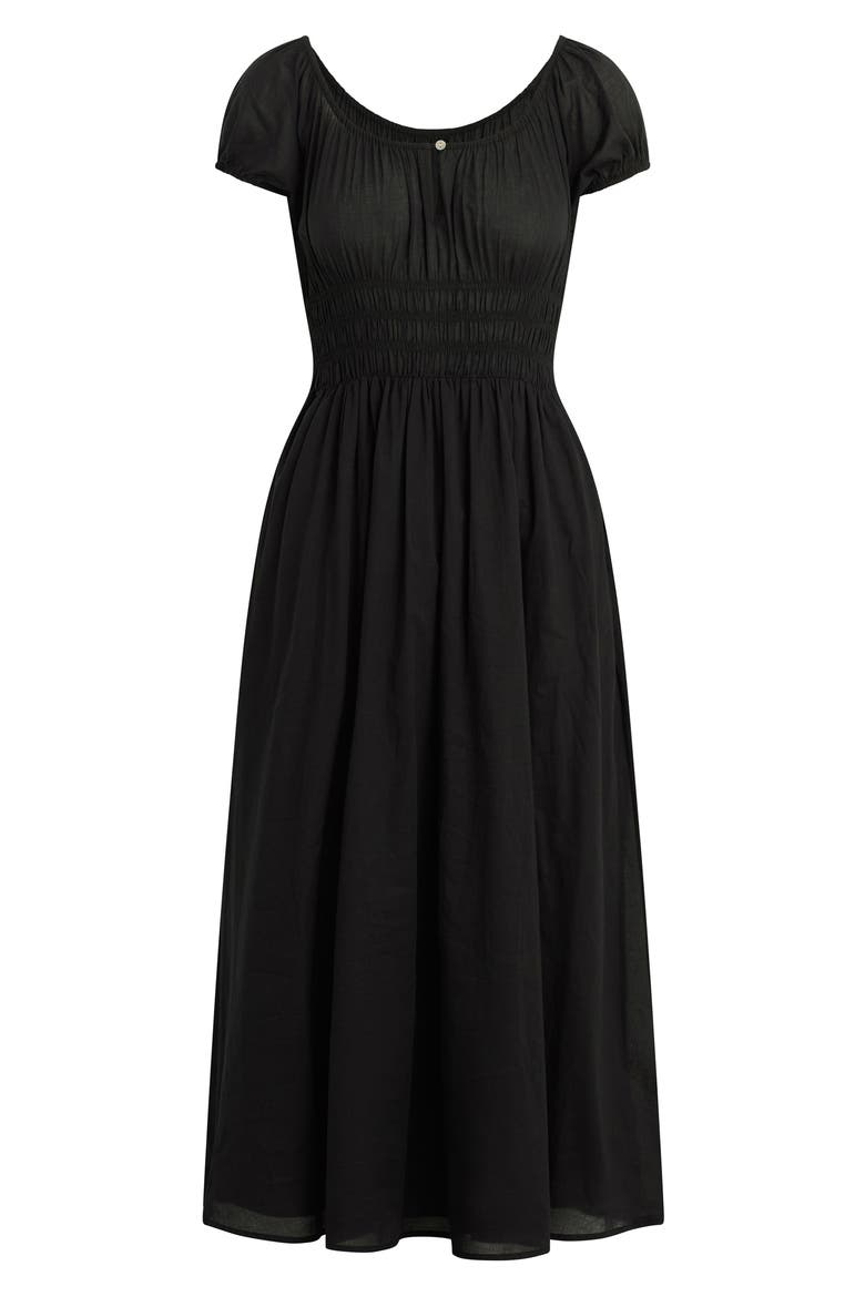 The Swoon Smocked Midi Dress, Alternate, color, BLACK