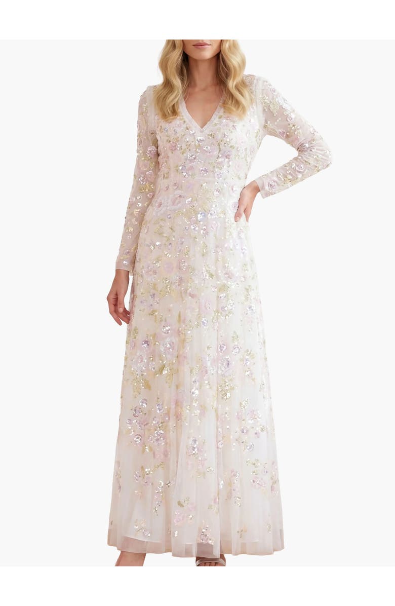 Needle & Thread Sequin Paradise V-Neck Gown, Main, color, Swan White/Multi