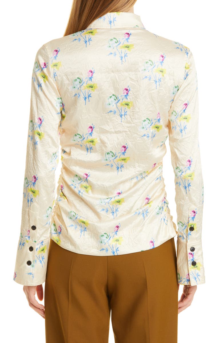 Ganni Floral Print Ruched Crinkled Satin Shirt, Alternate, color,