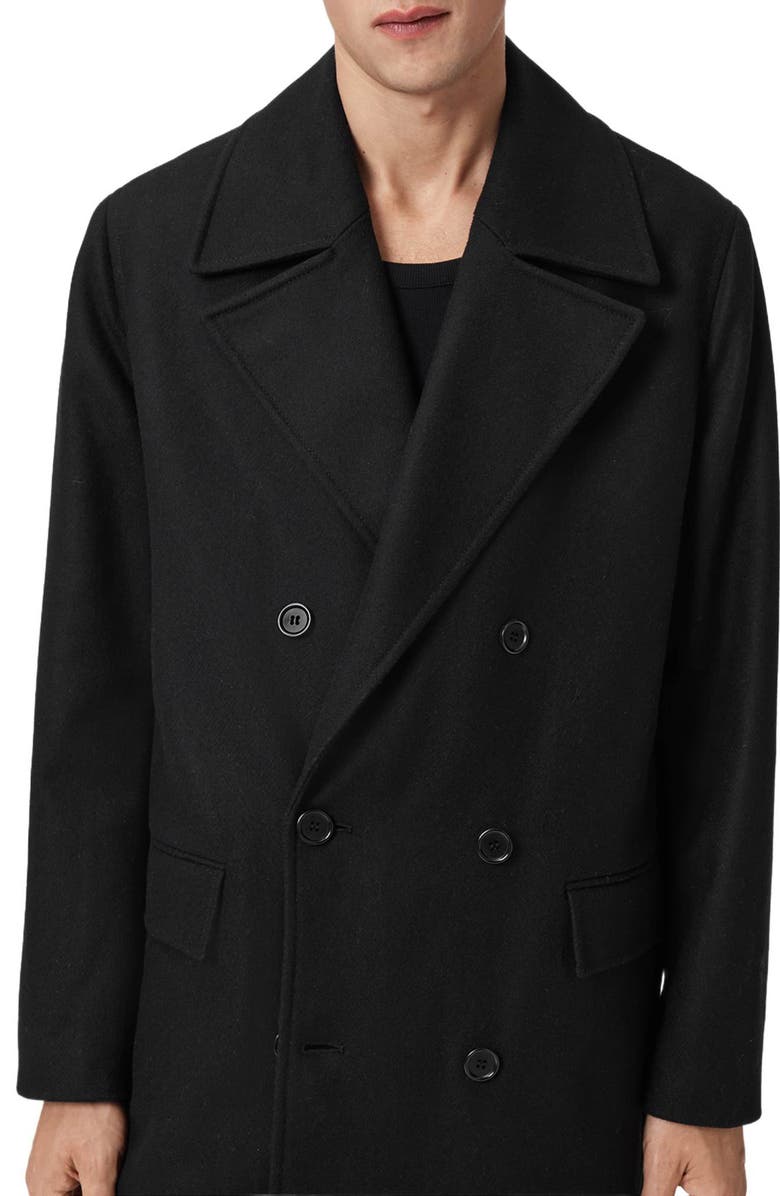 AllSaints Curran Double Breasted Wool Blend Topcoat, Alternate, color, Black