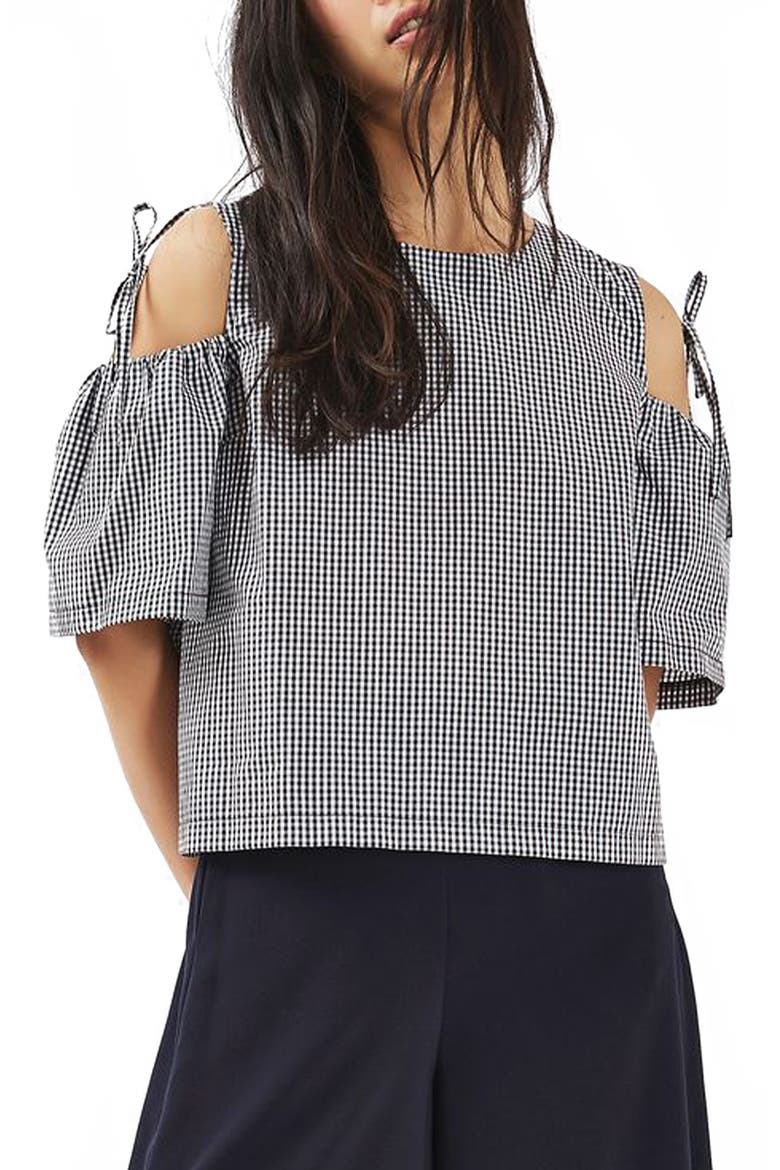 Gingham Tie Cold Shoulder Top, Main, color, BLACK MULTI