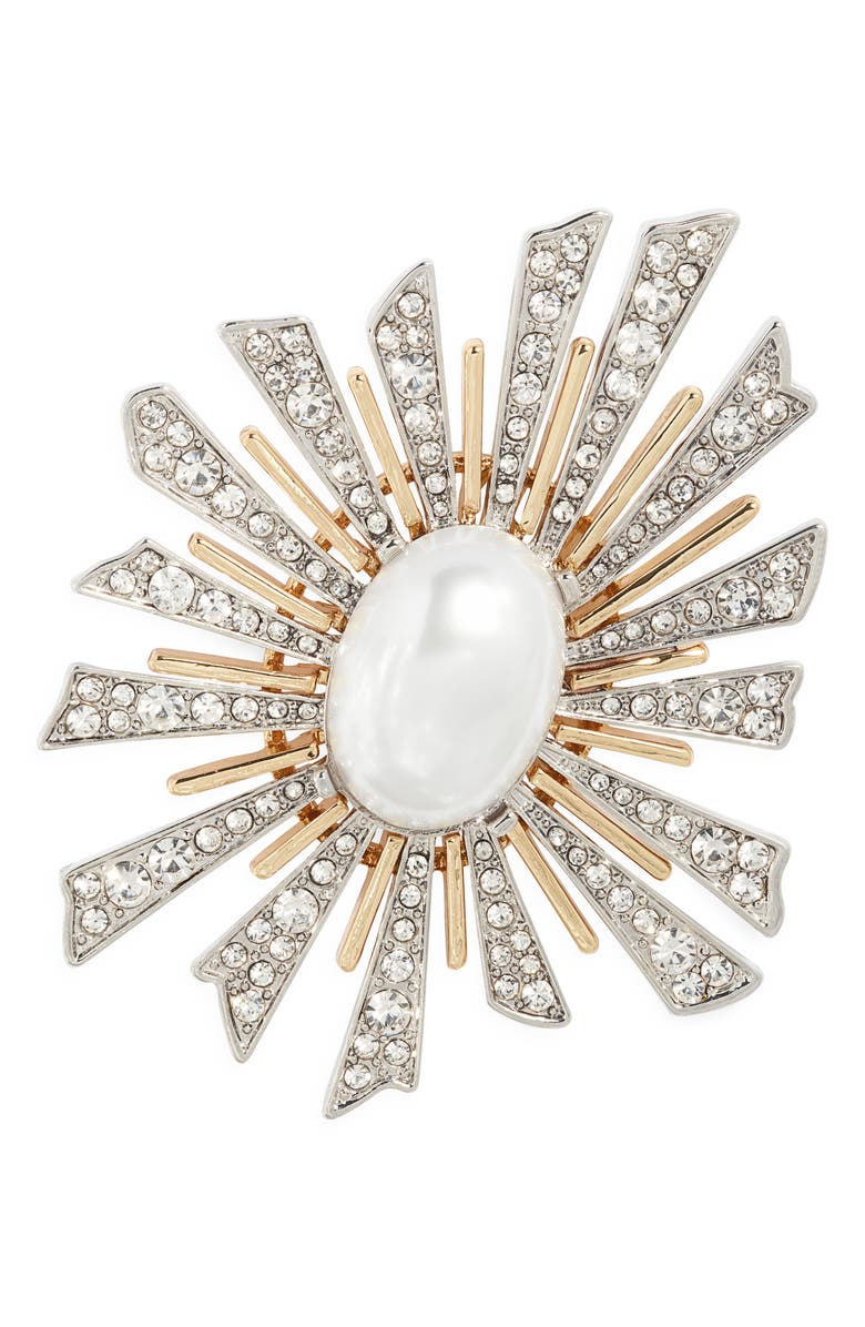 Kenneth Jay Lane Faux Pearl Sunburst Pin, Main, color, Gold