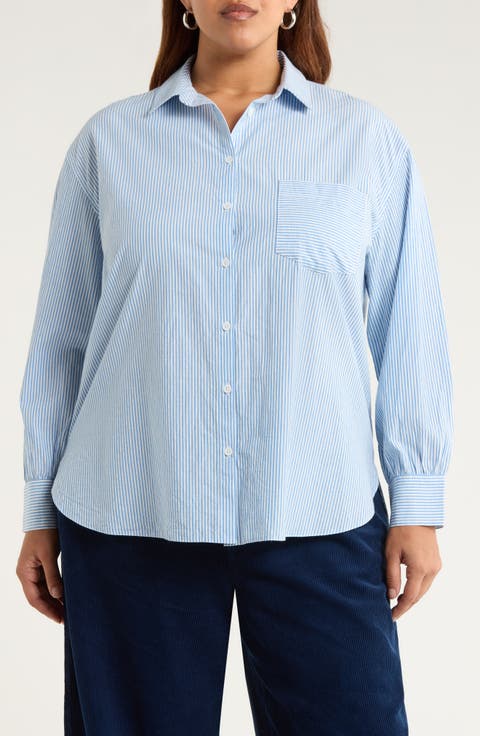Sea Path Oversize Organic Cotton Poplin Button-Up Shirt (Plus)