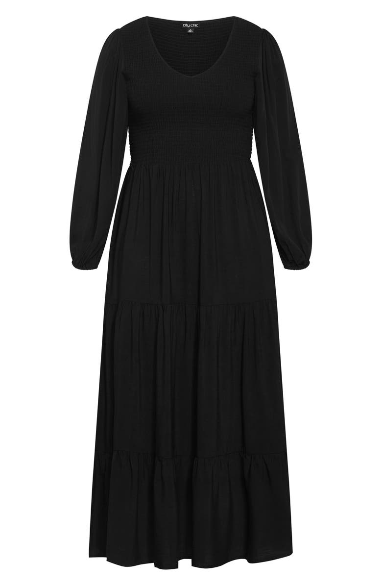 City Chic Athena Freya Long Sleeve Tiered Maxi Dress, Alternate, color, Black