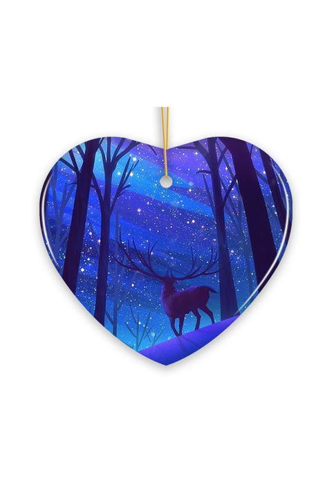 Starry Forest Winter Deer Heart Ceramic Ornament