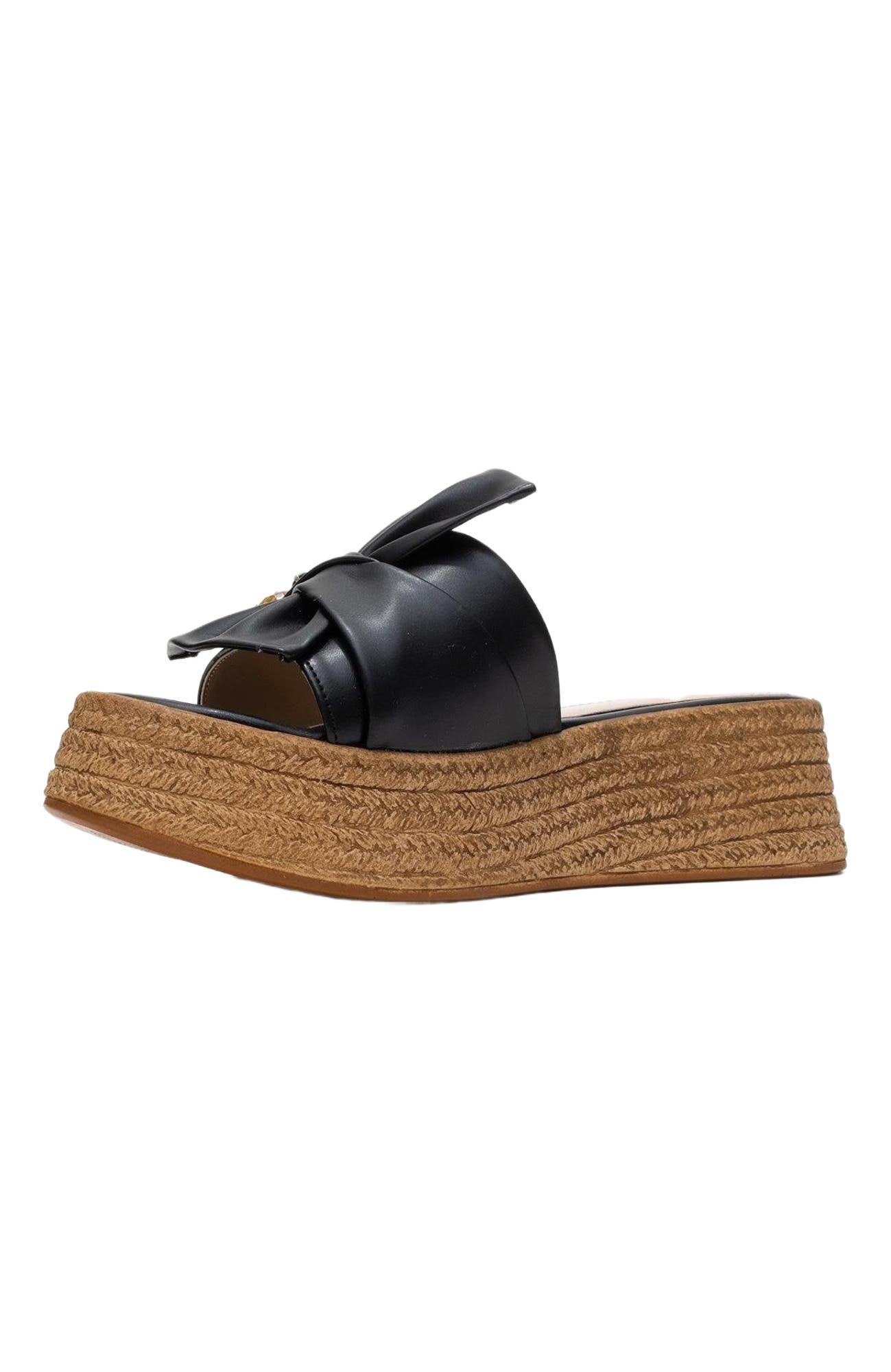 Prologue Shoes Shara Braided Bow & Bee Buckle Platform Sandal, Alternate, color, Black Faux Leather