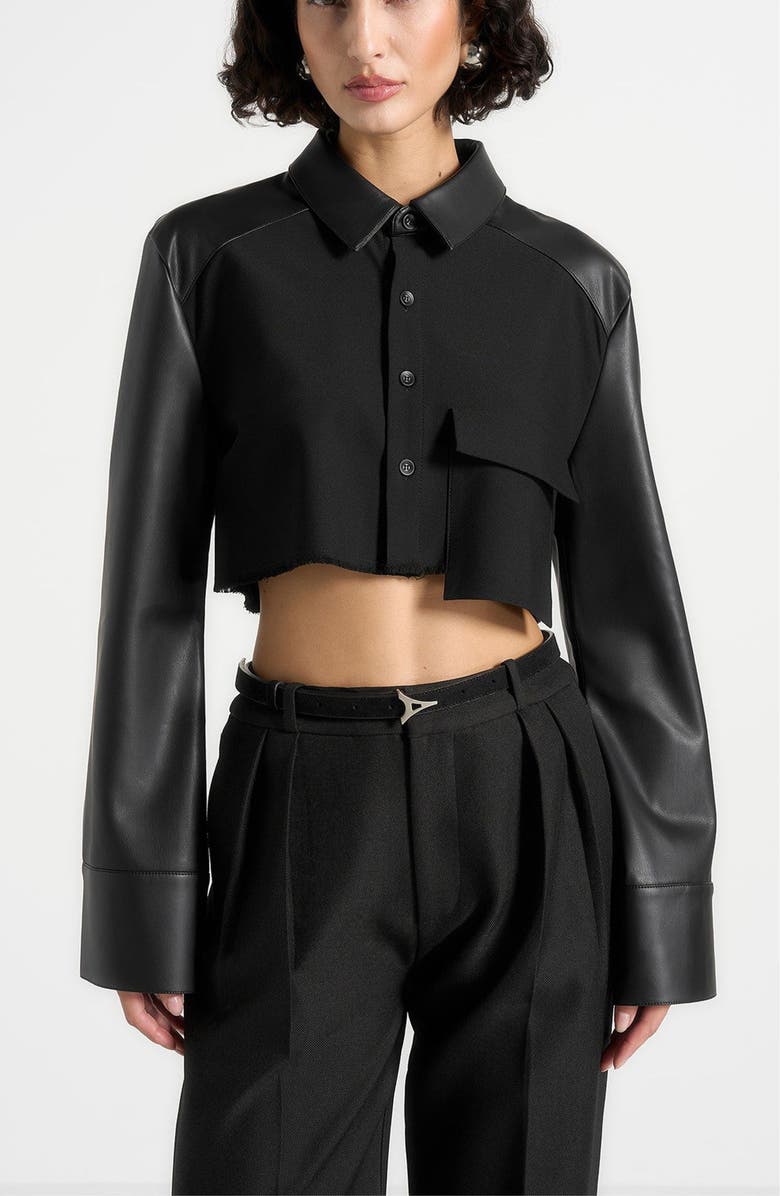 Manière De Voir Bernadette Leather Contrast Cropped Shirt, Main, color, 
