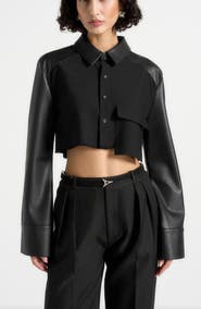 Manière De Voir Bernadette Leather Contrast Cropped Shirt