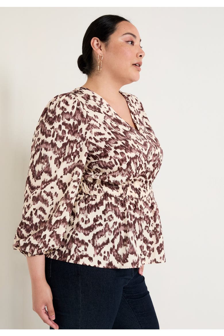 Puff-Sleeve Peplum Blouse, Alternate, color, BOTANICAL TEXTURE CHOCOLATE
