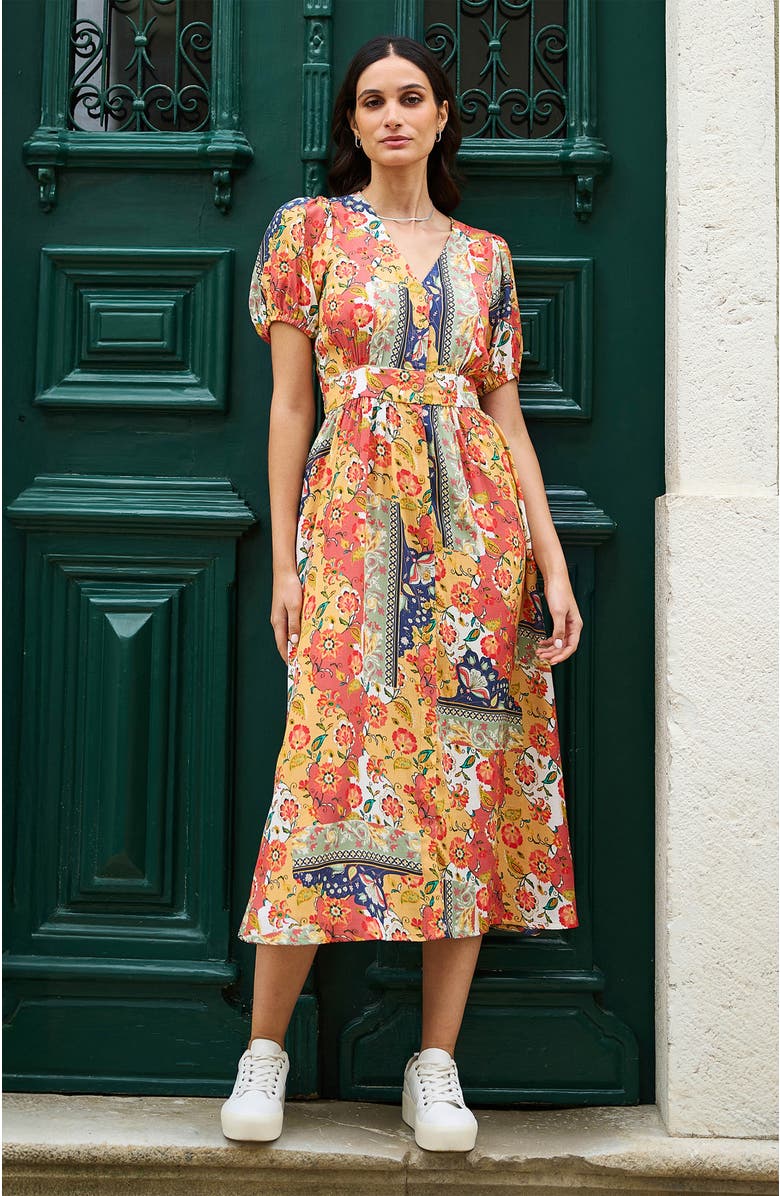 Yumi Floral Patchwork Print Midi Shirt Dress, Alternate, color, Multi