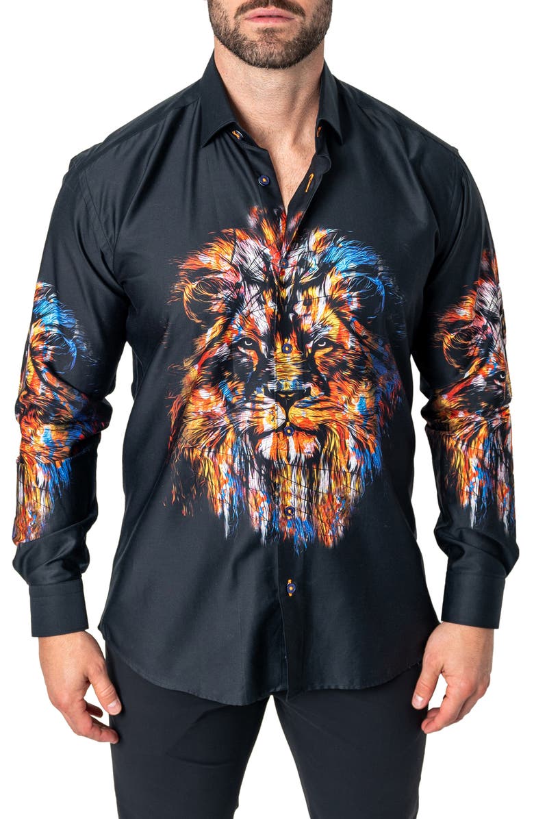 Maceoo Fibonacci Lion Ink Regular Fit Cotton Button-Up Shirt, Main, color, 