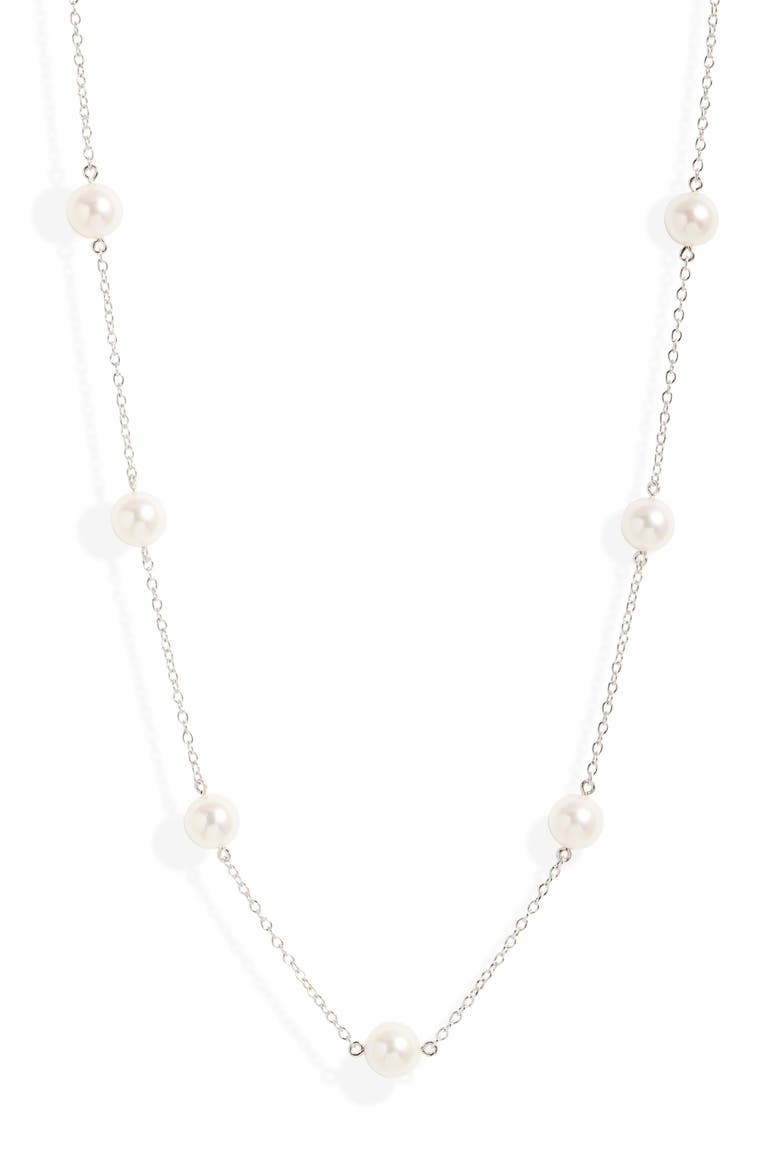 Akoya Pearl Station Chain Necklace, Main, color, WHITE GOLD