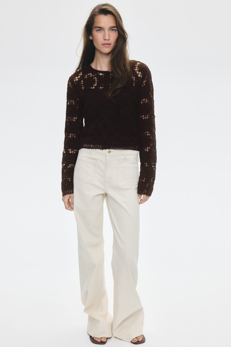 Crochet-look Cardigan, Alternate, color, Brown