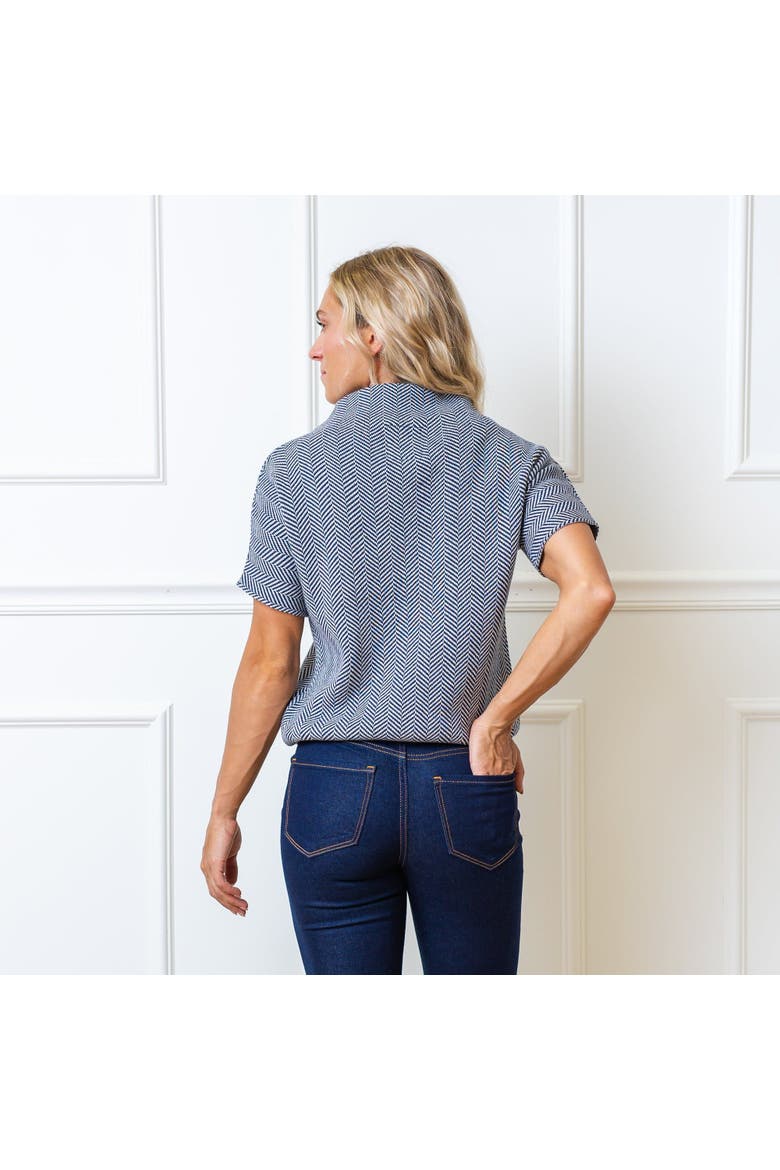 Women's Organic Mock Neck Sweater, Alternate, color, Navy and White Herringbone