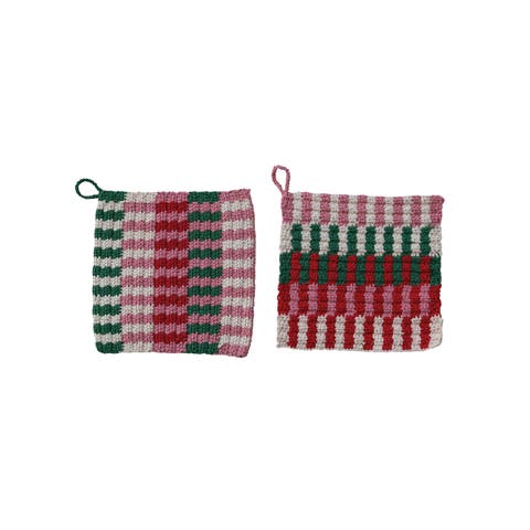 Hand-Crocheted Cotton Stripe Pot Holder, Multicolor, Set of 2