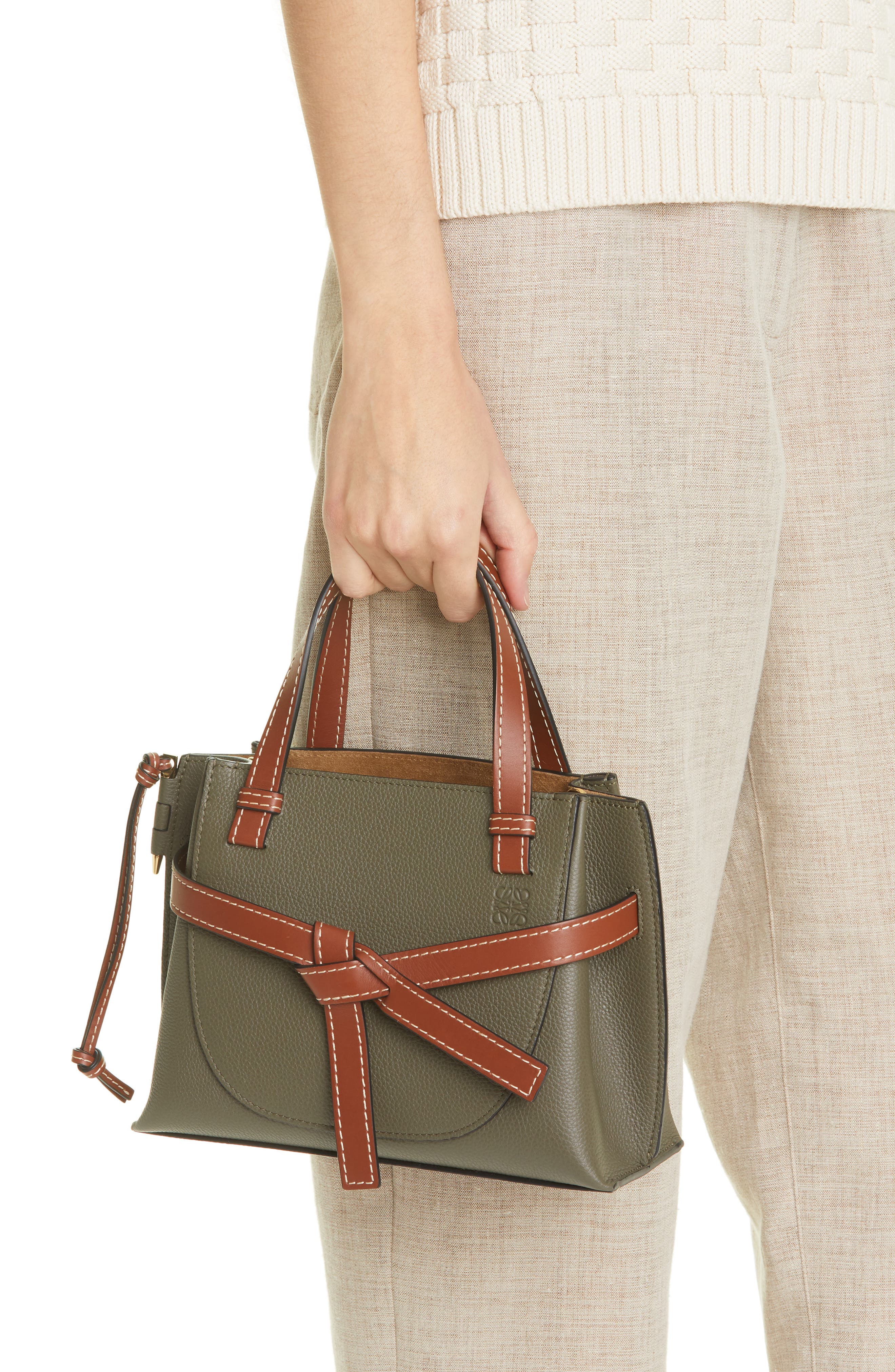 Mini Gate Leather Tote, Alternate, color, KHAKI GREEN/PECAN