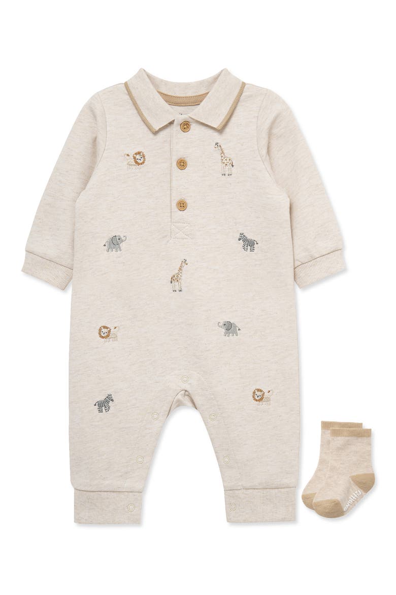 Safari Polo Romper & Socks Set, Main, color, OATMEAL