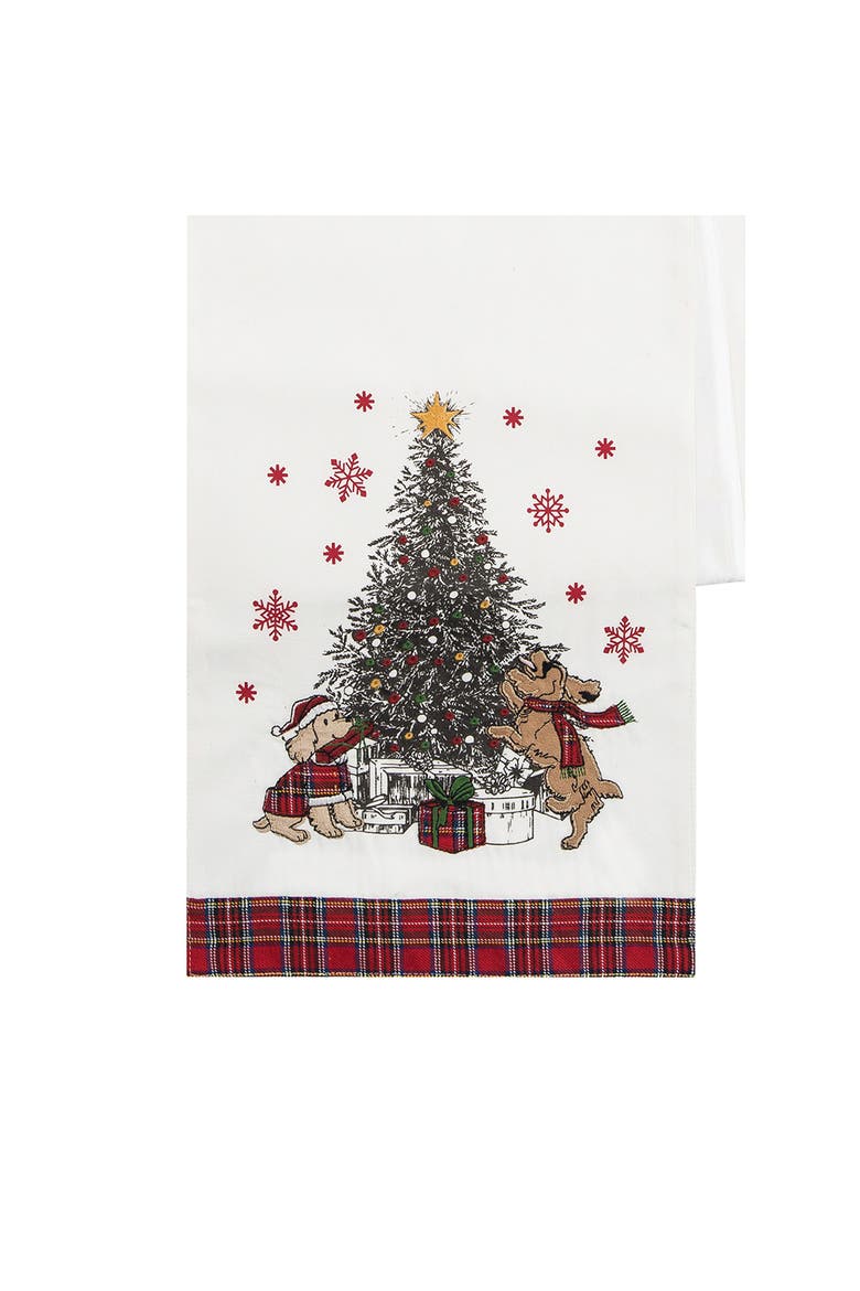 Festive Dogs Christmas Tree Cotton Blend Vintage Table Runner 13" x 72", Alternate, color, Off-White