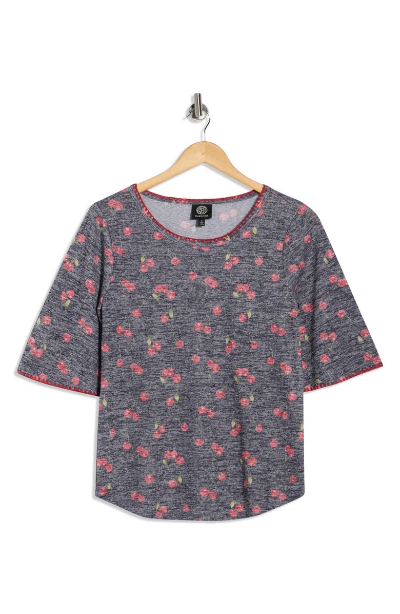 Bobeau Whipstitch Trim Print Knit Top, Main, color, Navy/Red Cherries