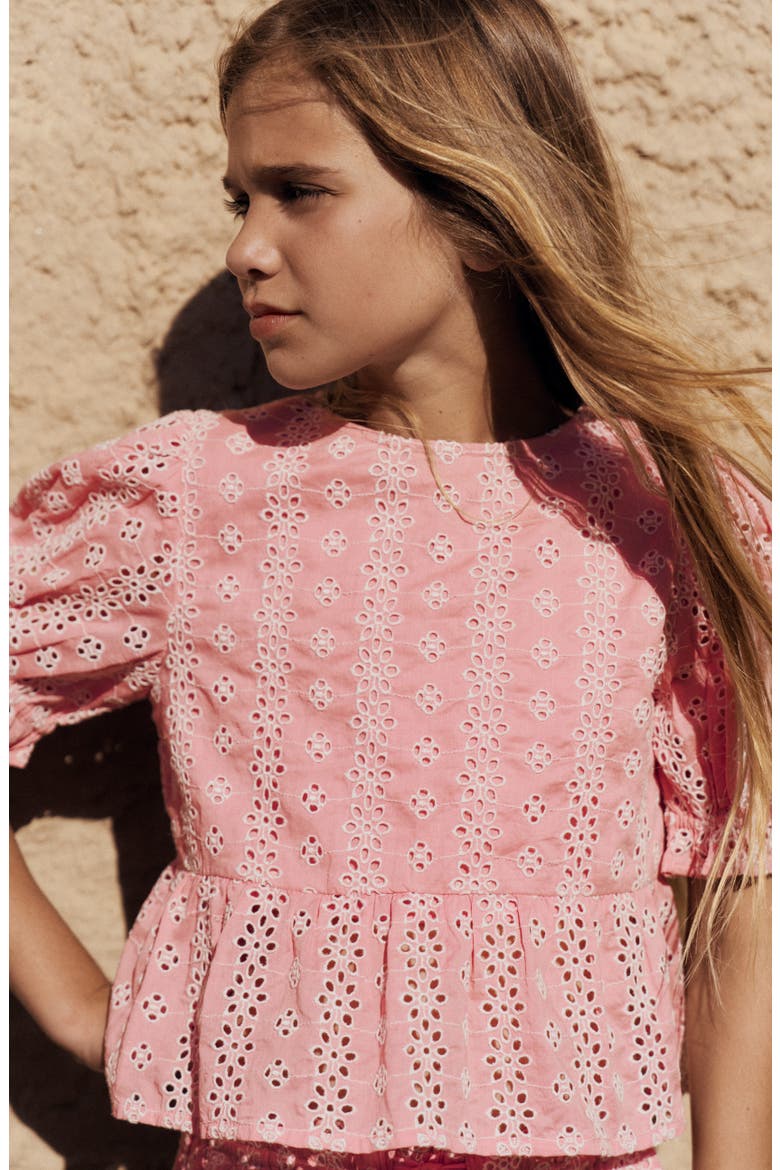 Kids' Floral Embroidered Peplum Top, Alternate, color, ALMOND PINK BRODERIE