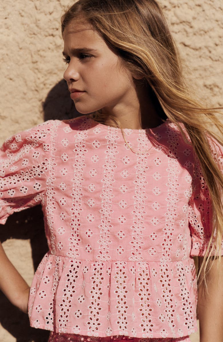 Mini Boden Kids' Floral Embroidered Peplum Top, Alternate, color, Almond Pink Broderie