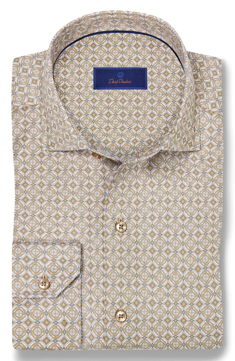 David Donahue Geometric Print Cotton Sport Shirt, Alternate, color, Dune