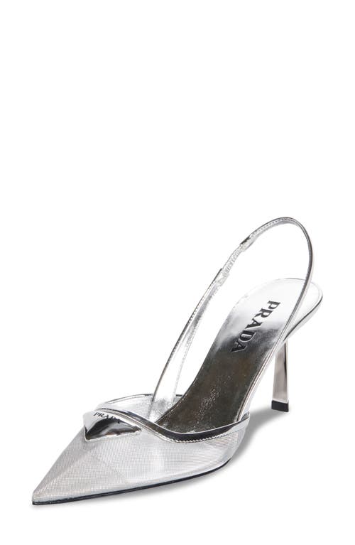 Prada Modellerie Pointed Toe Metallic Mesh Slingback Pump In Silver