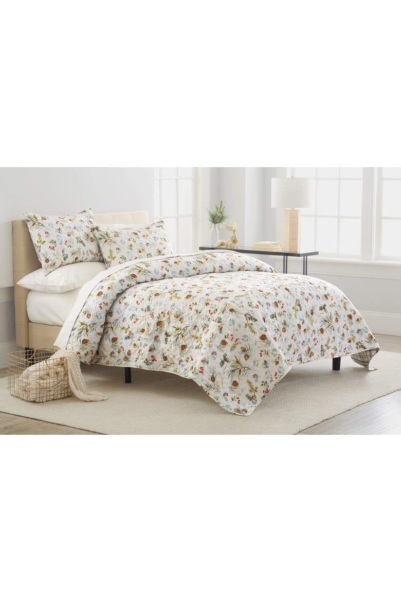 Pinecones & Berries Cotton Quilt Set  - Reversible and Machine Washable, Main, color, White