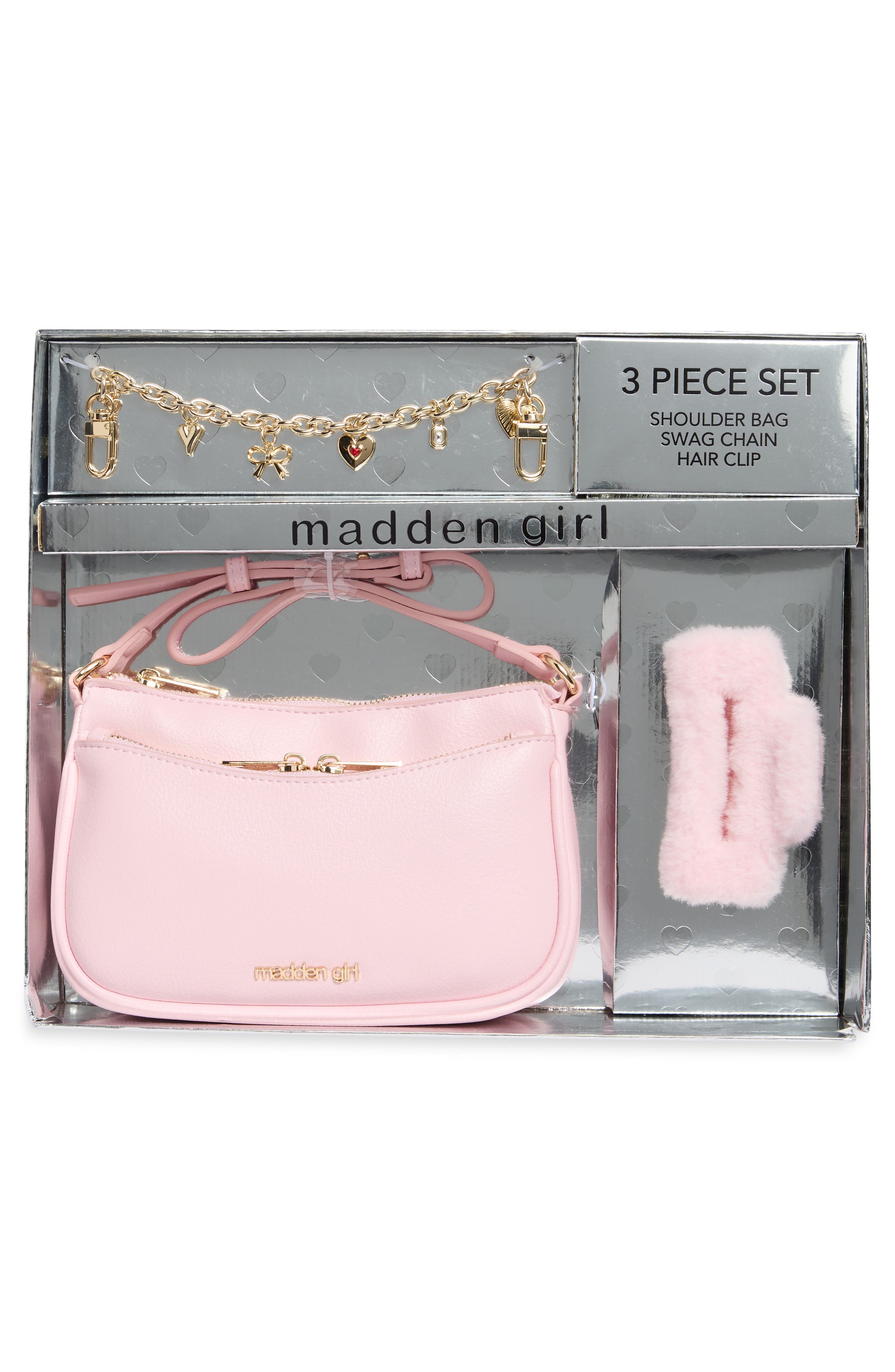 3-Piece Faux Leather Shoulder Bag & Charms Set, Main, color, BLUSH