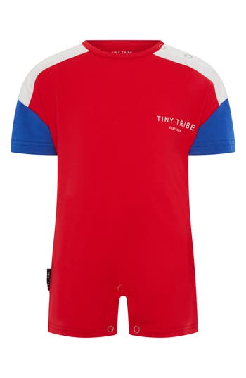 Tiny Tribe Core Colorblock Cotton Romper In Red