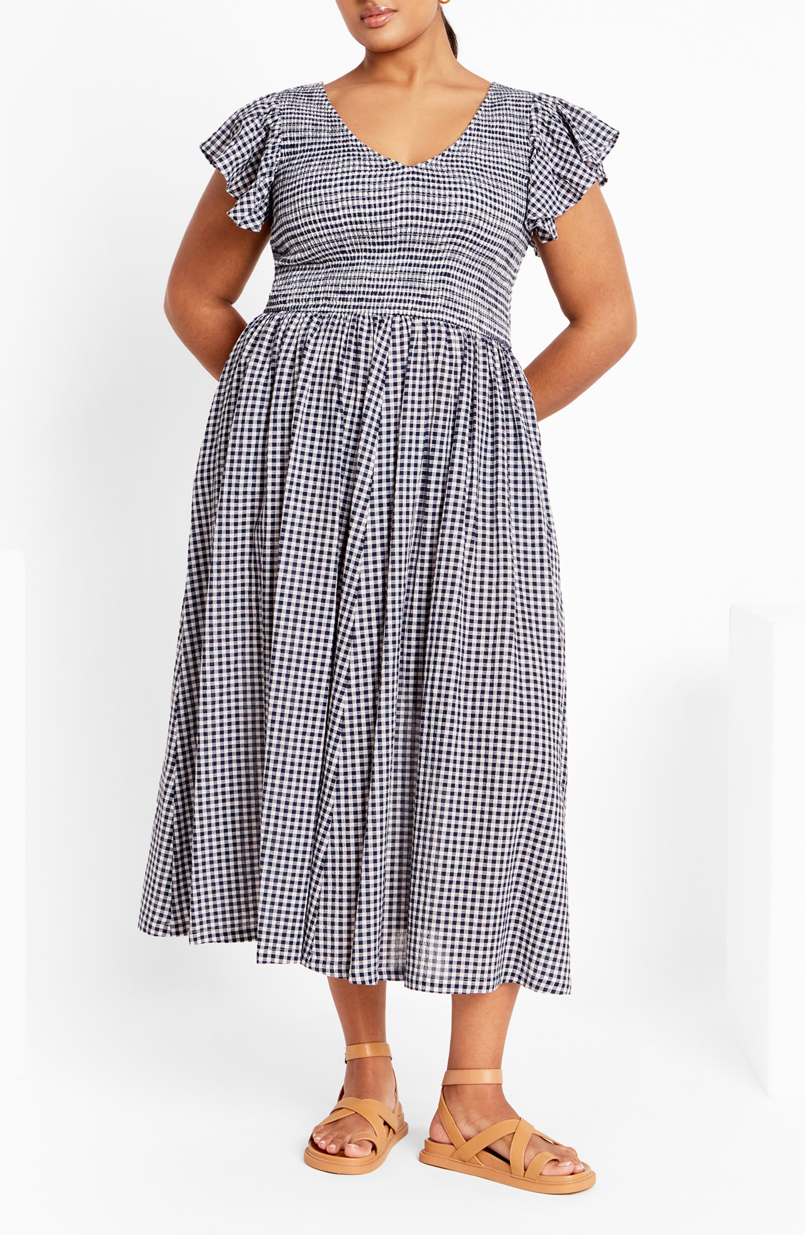Laureli Gingham Flutter Sleeve Midi Dress