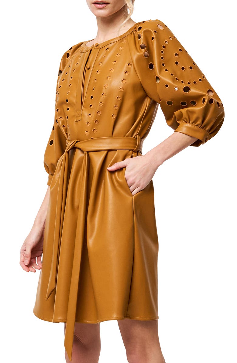 CIEBON Kinna Eyelet Puff Sleeve Tie Belt Faux Leather Shirtdress, Alternate, color, Tan