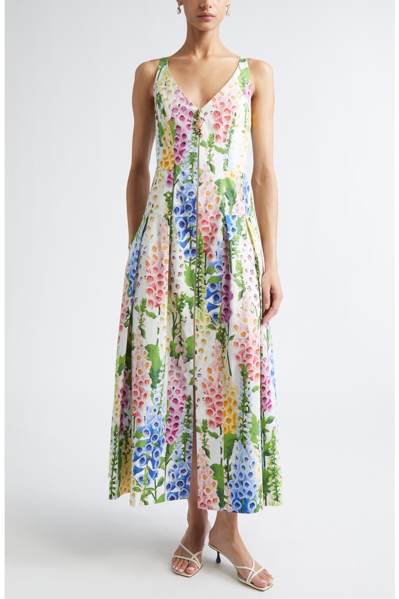 Foxglove Print Sleeveless Stretch Poplin Dress, Main, color, WHITE MULTI