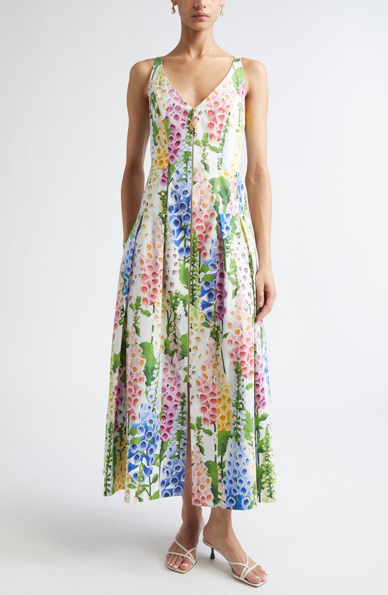 Oscar de la Renta Foxglove Print Sleeveless Stretch Poplin Dress, Main, color, White Multi