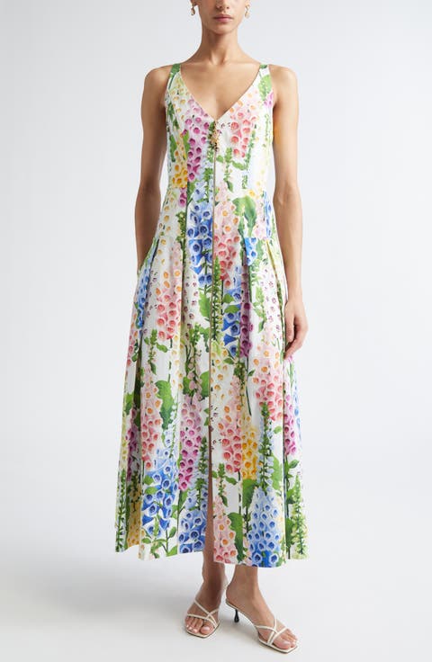 Foxglove Print Sleeveless Stretch Poplin Dress