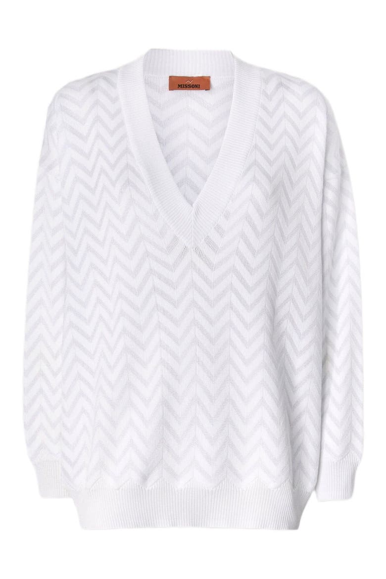 V-neck Pullover In Cotton And Viscose Chevron, Alternate, color, White