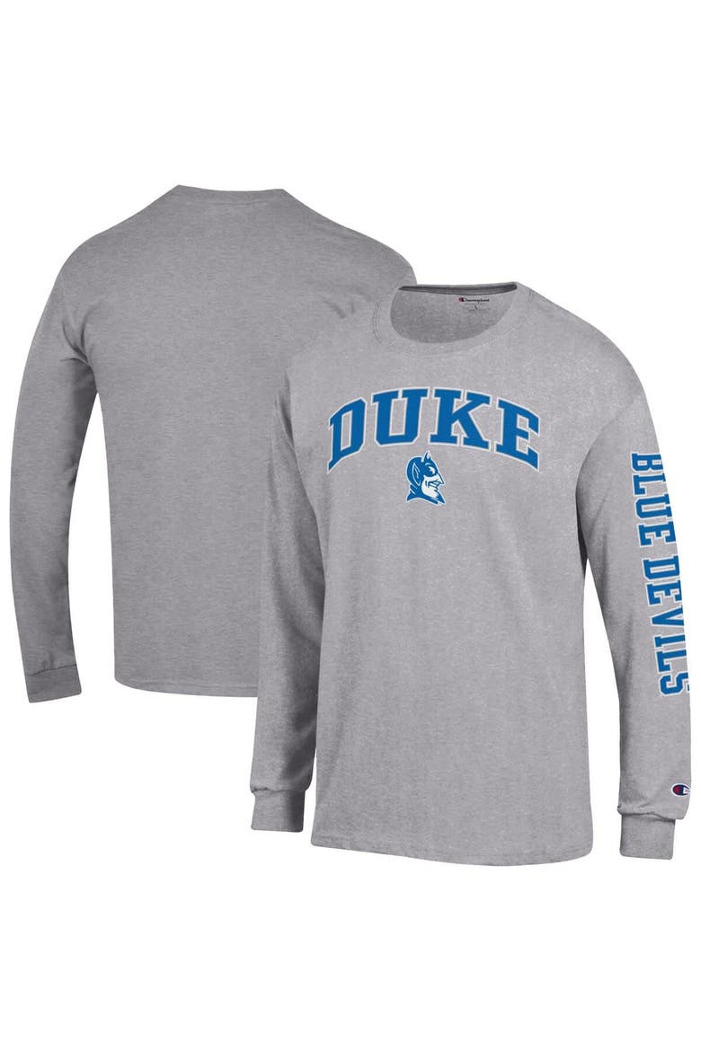 Men's Champion  Heather Gray Duke Blue Devils Arch Over Logo 2-Hit Long Sleeve T-Shirt, Main, color, Heather Gray