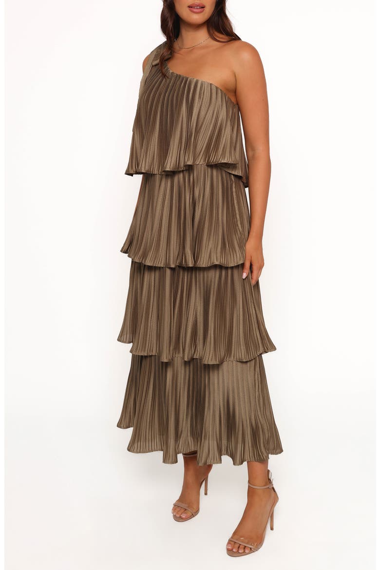 Mia One-Shoulder Tiered Plissé Midi Dress, Alternate, color, OLIVE